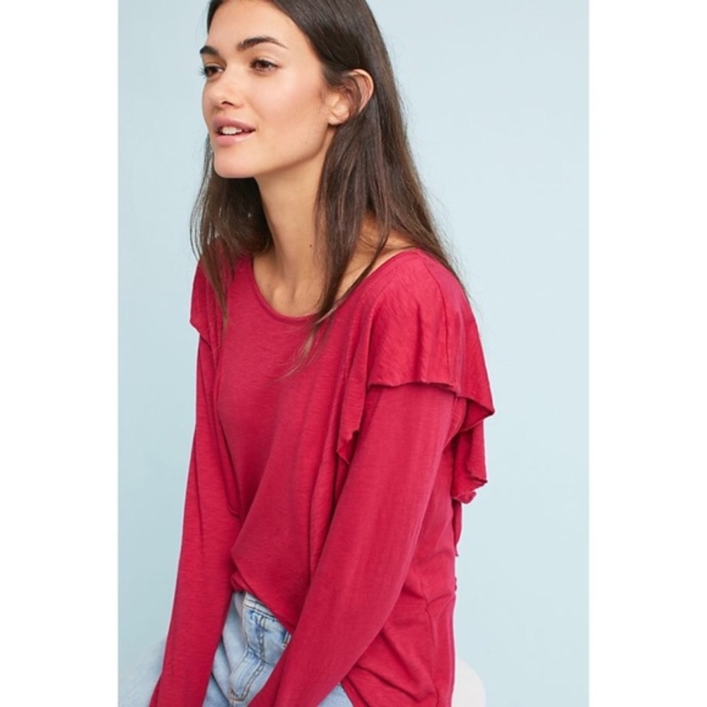 Anthropologie Ruffled Long-Sleeve Tee size MP PM petite size new with tag - Picture 2 of 7